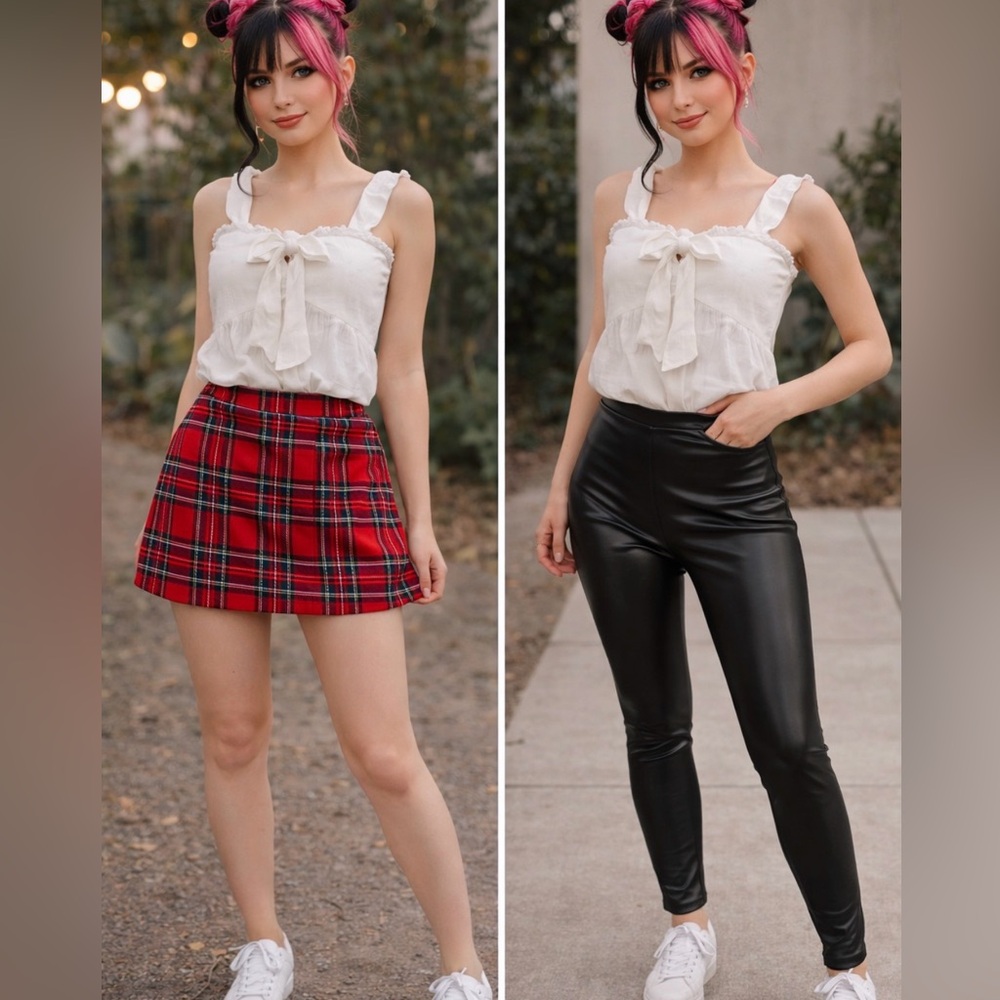 American Eagle Top with Plaid Skirt & Faux Leather Leggings Bundle Size S